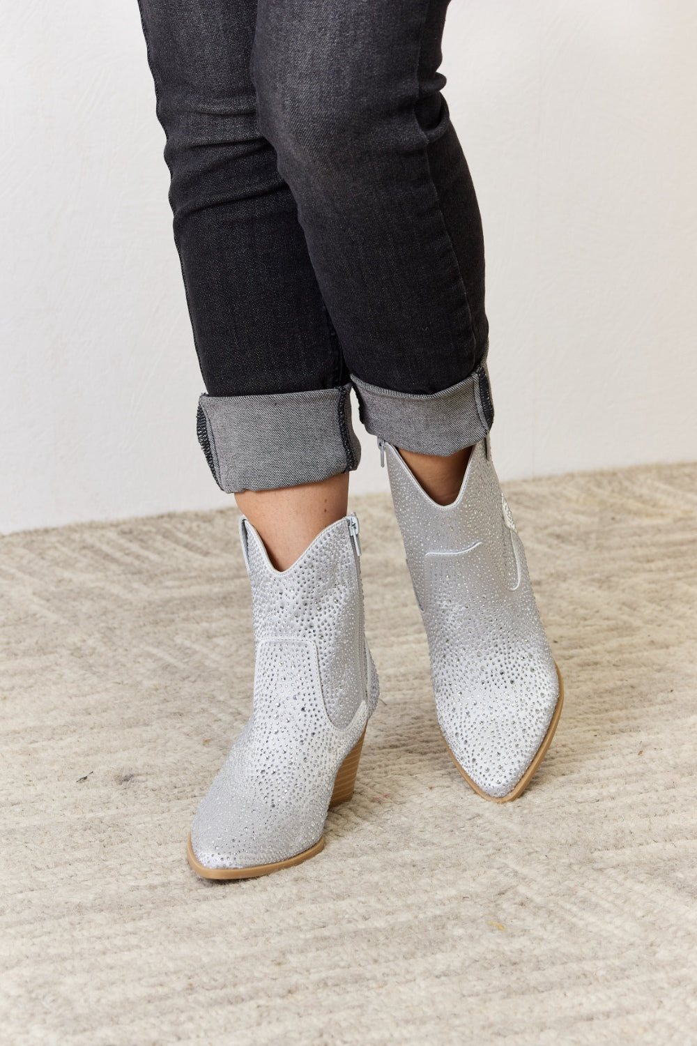 Rhinestone Silver Tone Ankle Cowboy Boots