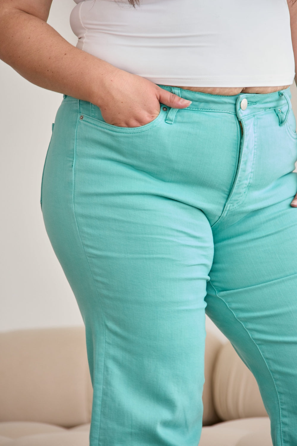 RFM Crop Chloe Island Green High Waist Raw Hem Jeans