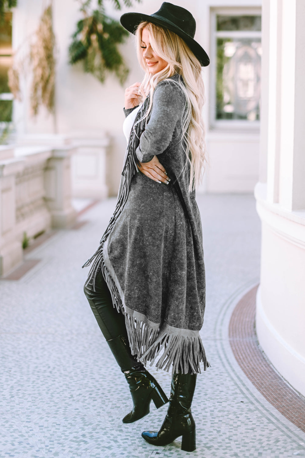 Charcoal Fringe Hem Long Cardigan