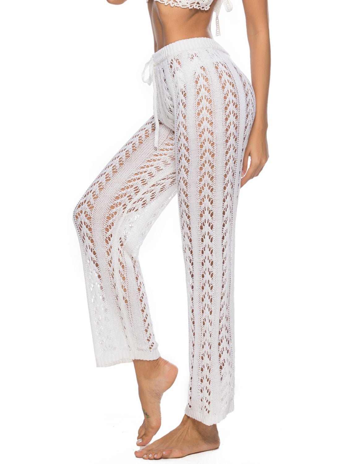 Knitted Drawstring Swimsuit Cover Up In White, Black & Cream