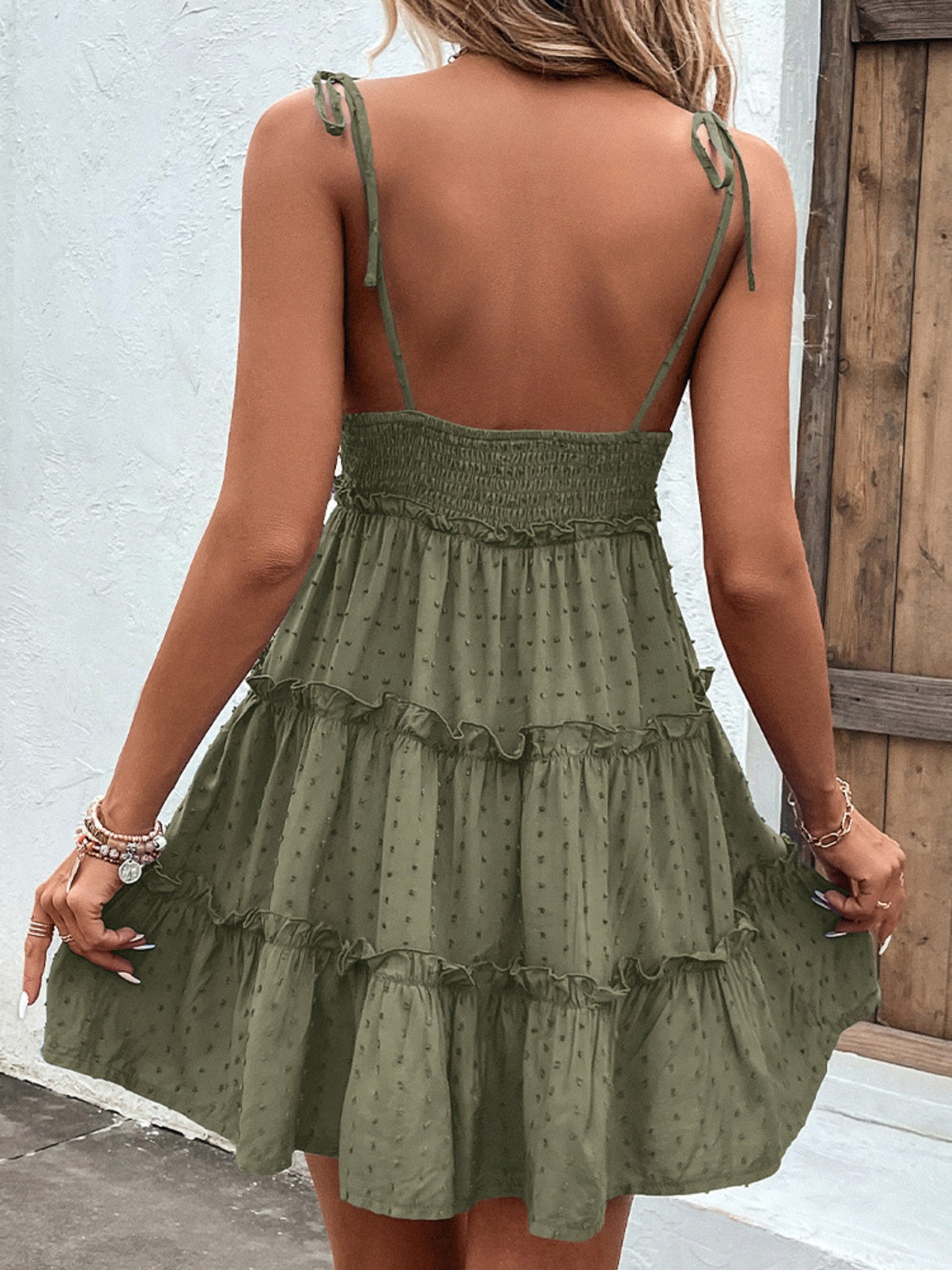 Tie Spaghetti Strap Tiered Dress