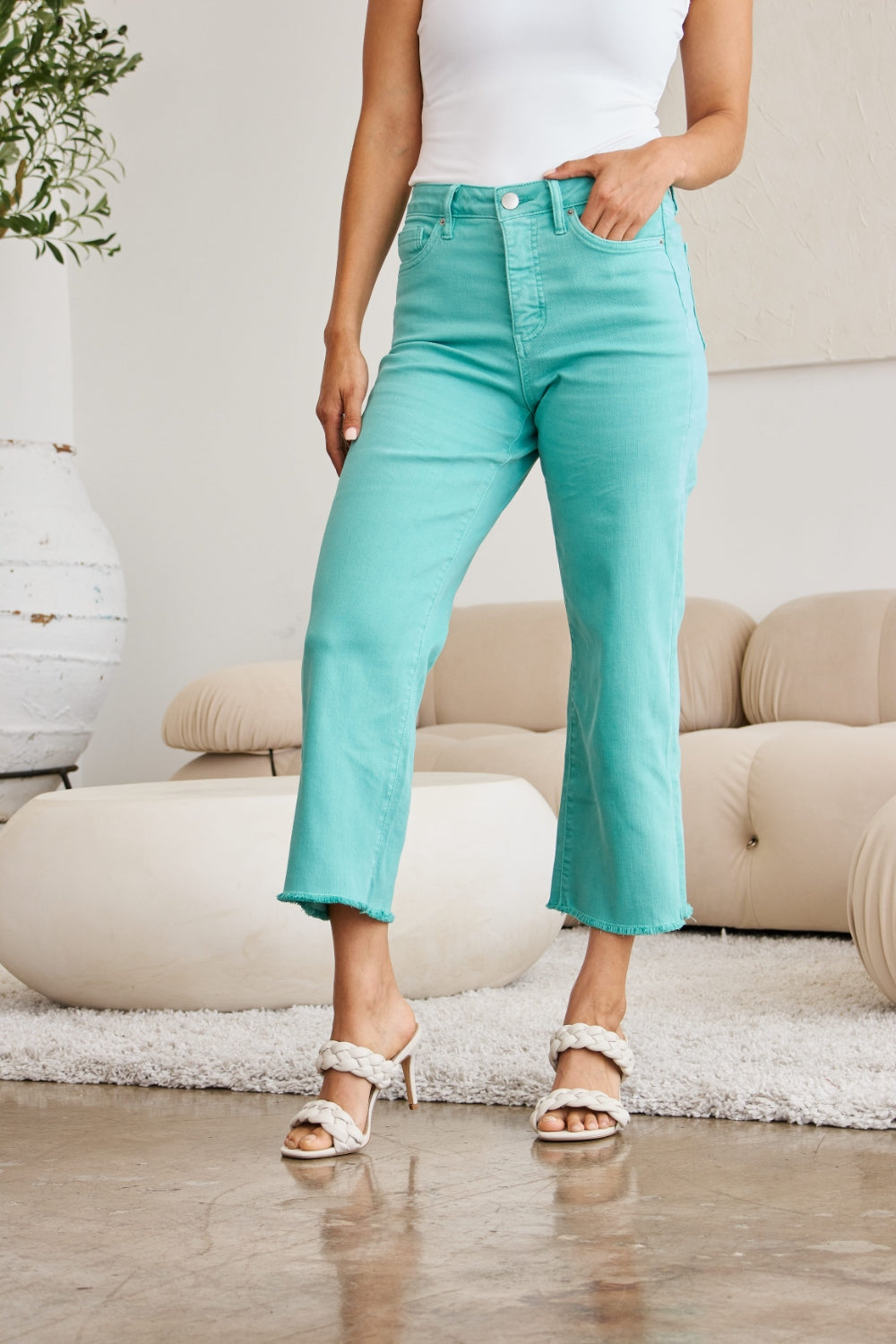RFM Crop Chloe Island Green High Waist Raw Hem Jeans