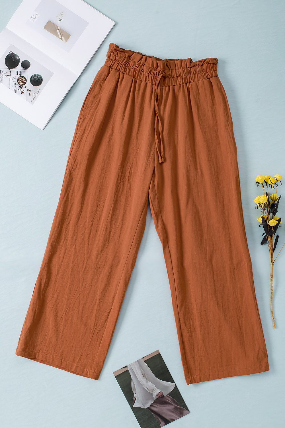 Drawstring Waist Wide Leg 3/4 Length Pants