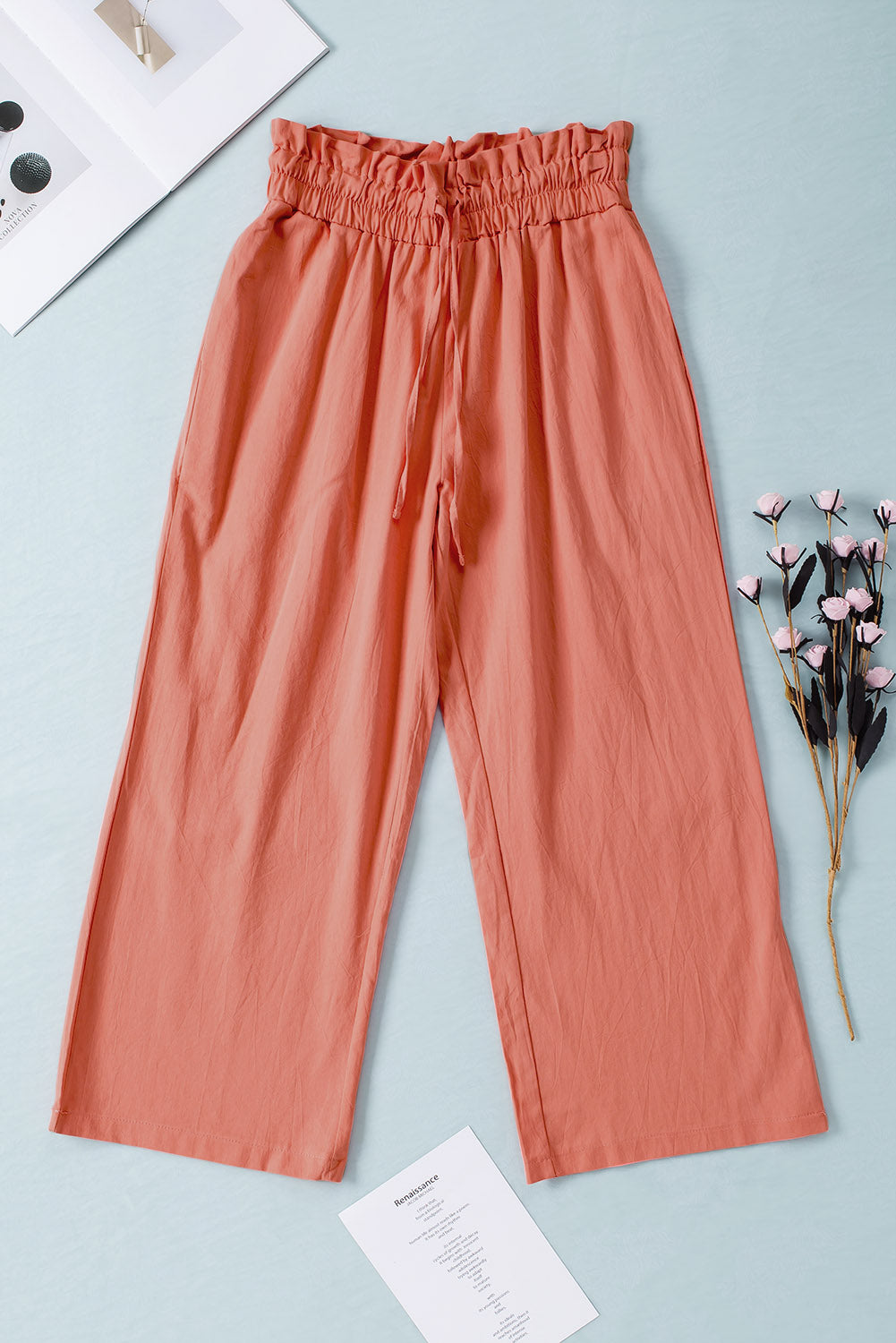Drawstring Waist Wide Leg 3/4 Length Pants