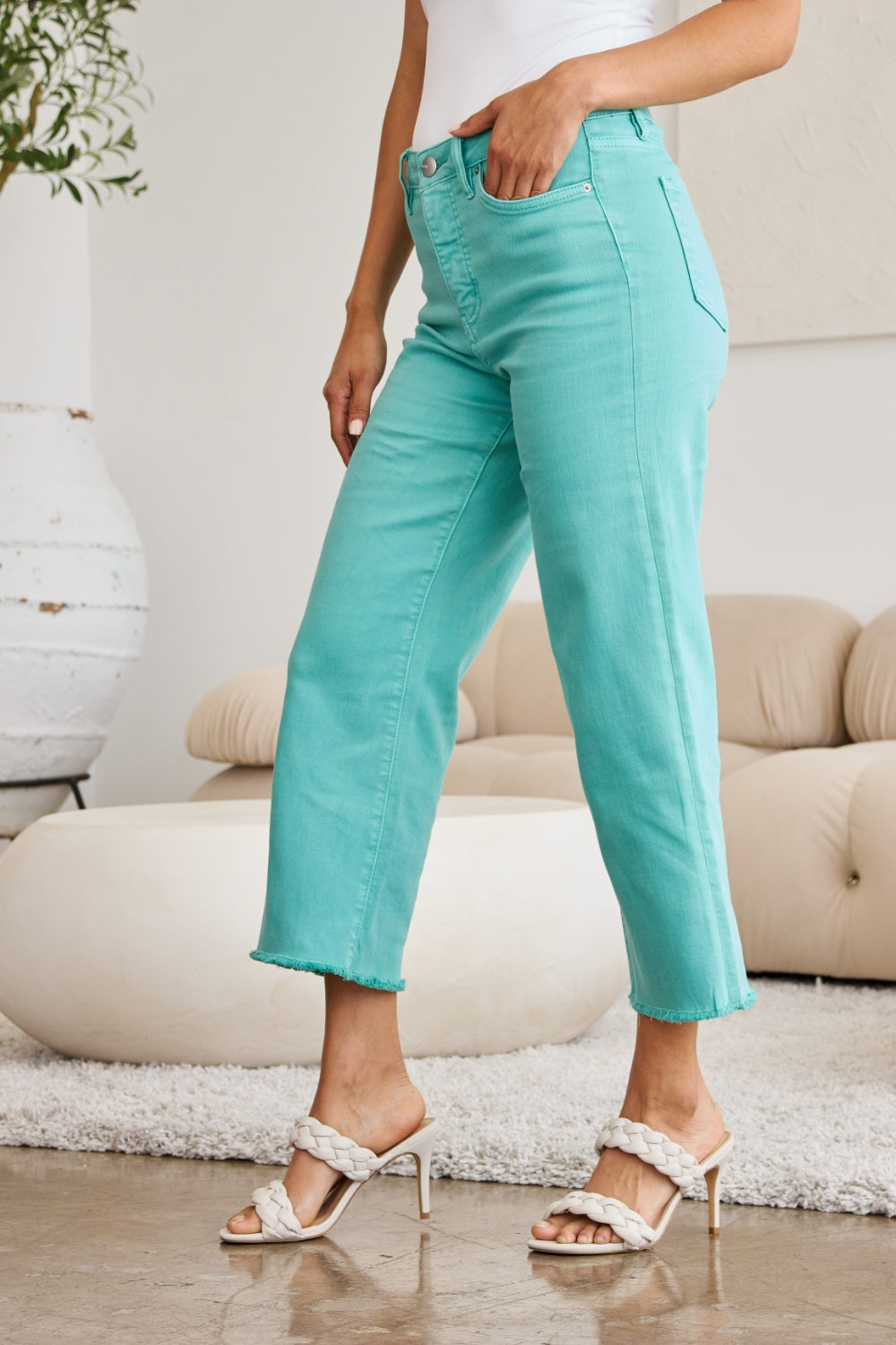 RFM Crop Chloe Island Green High Waist Raw Hem Jeans