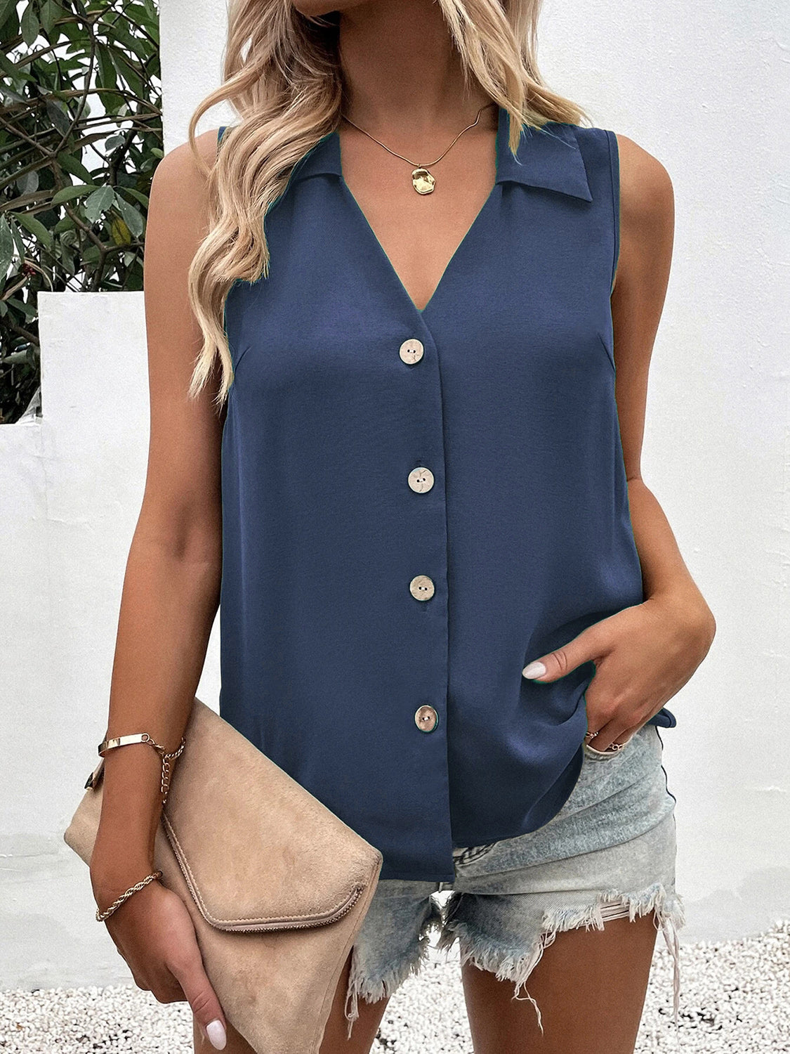 Full Size Johnny Collar Button Up Tank Variety Of Colors
