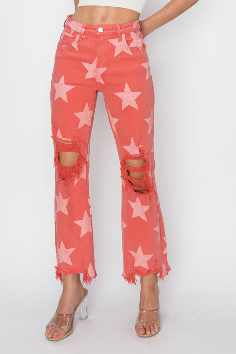 RISEN Peach Blossom Distressed Raw Hem Star Pattern Jeans