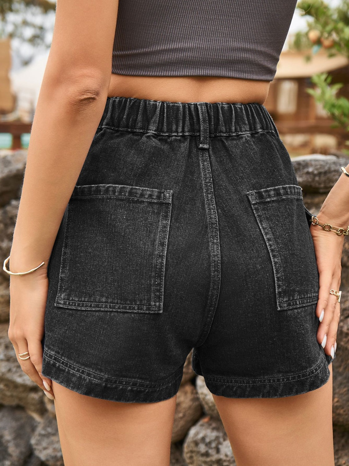 High Waist Denim Shorts with Pockets Front Flap