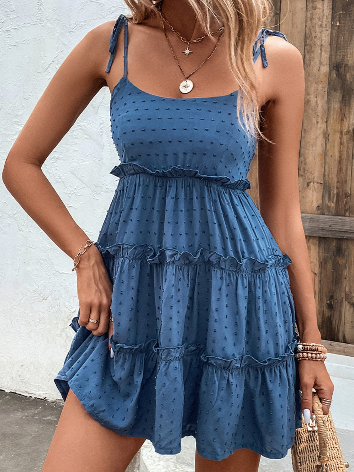 Tie Spaghetti Strap Tiered Dress