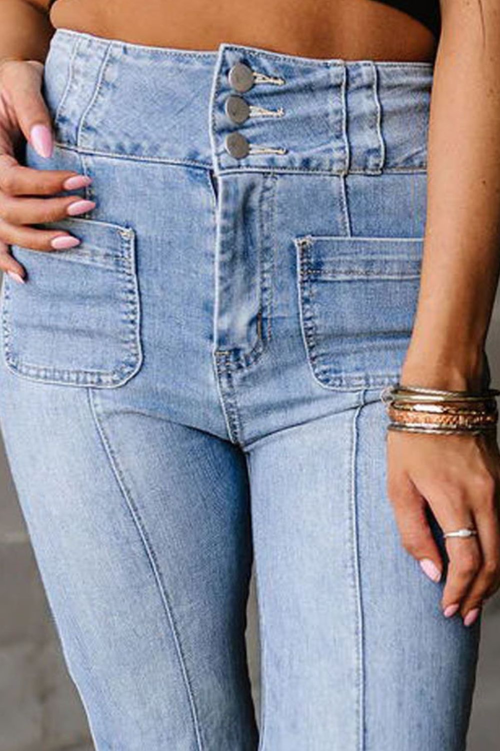Tri-Button High-Waist Bootcut Jeans