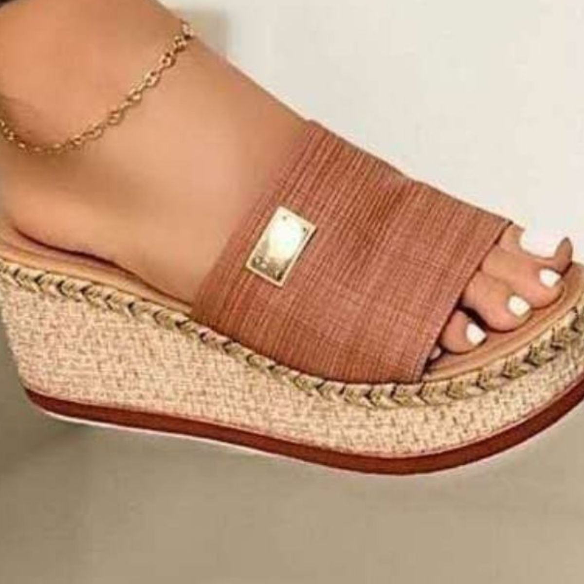 Leather Slip-On Open Toe Cork Wedge Sandals
