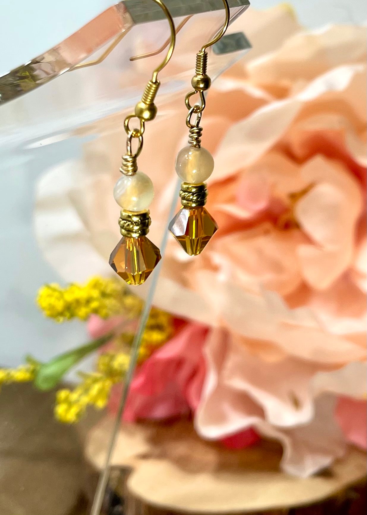 Beaded Glass and Crystal Earrings, Dangle Earrings