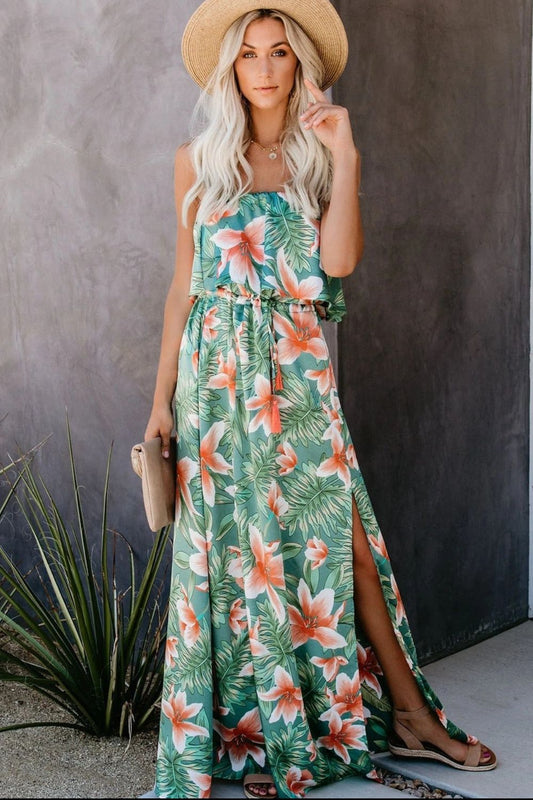 Slit Tropical Sleeveless Tube Dress Green And Orange Accents of White