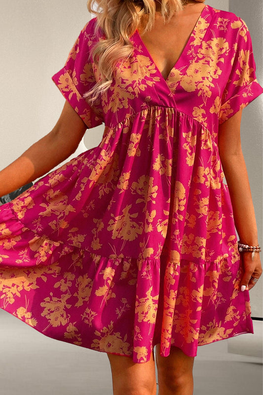 Bright Fuchsia With Light Orange Floral Print Surplice Short Sleeve Mini Dress