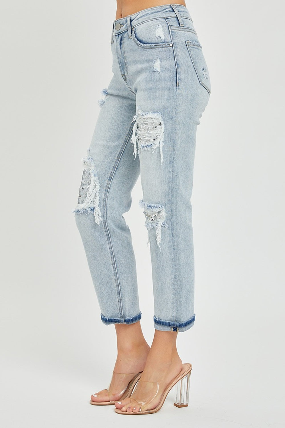 RISEN Sequin Sparkle Patch Mid-Rise Jeans