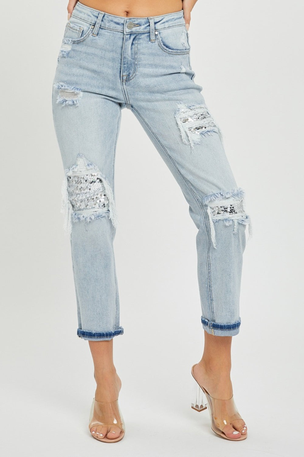 RISEN Sequin Sparkle Patch Mid-Rise Jeans