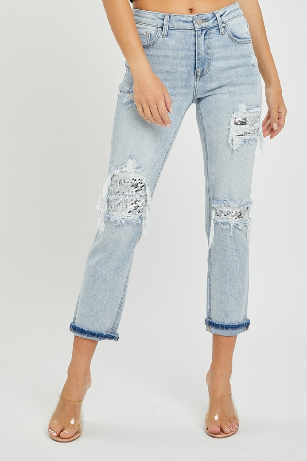 RISEN Sequin Sparkle Patch Mid-Rise Jeans