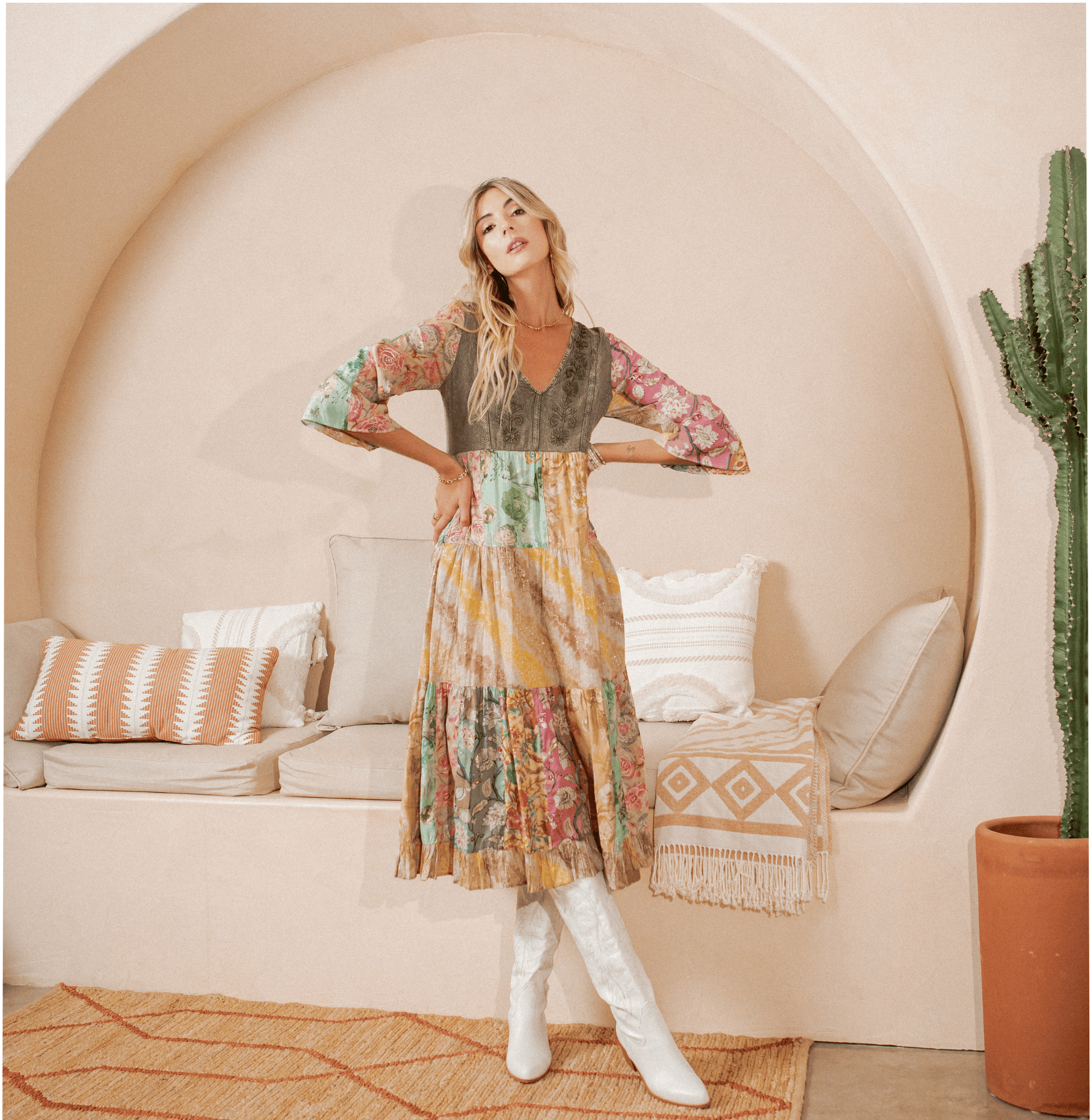 patchwork boho midi dress Pol Boho Midi Dress Double Gauze Patchwork Oversize Loose Fit Ivory Size S M L