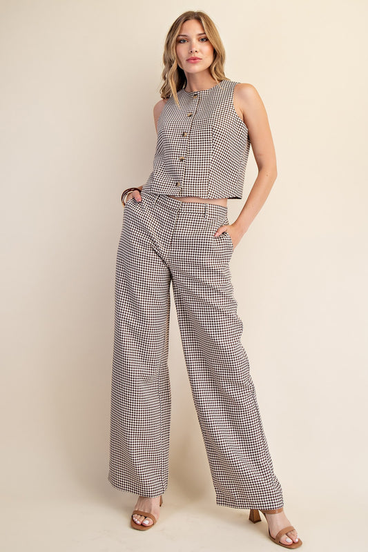 Brown Houndstooth Two-Piece Set – Sleeveless Top & Wide Leg Pants