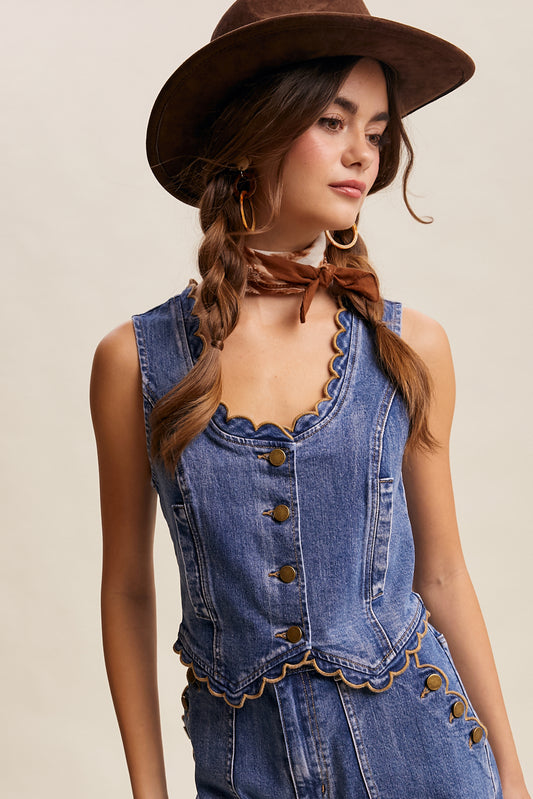 Saddle Stitch Scallop Denim Vest