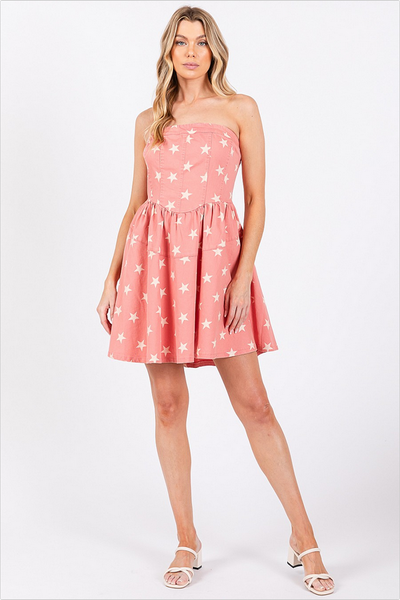 pink denim mini dress Lovelo Watermelon Denim Star Pattern Mini Dress