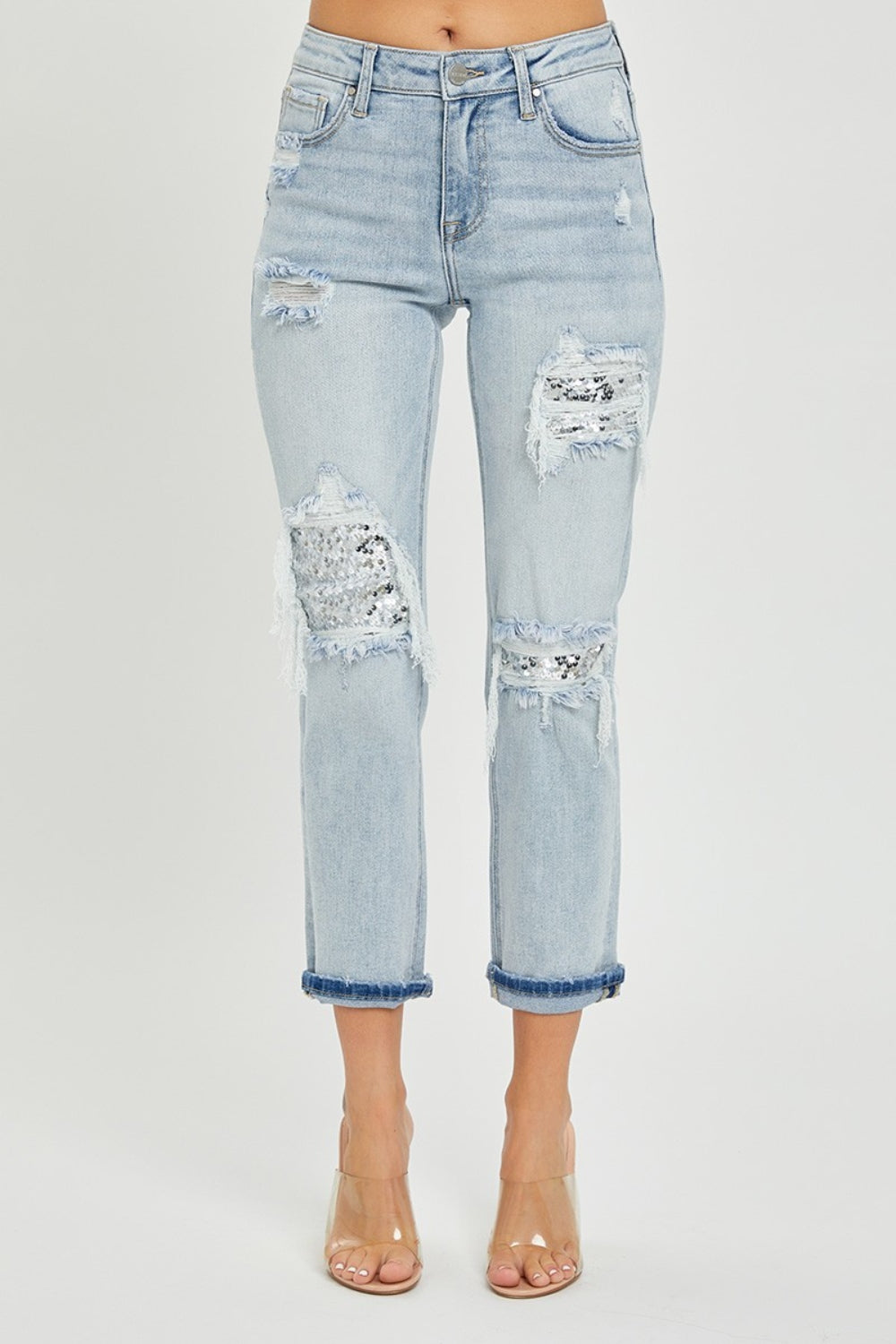 RISEN Sequin Sparkle Patch Mid-Rise Jeans